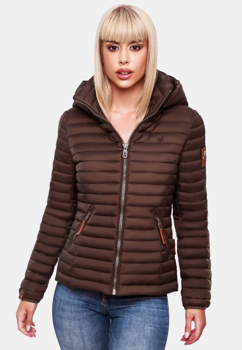 Brown puffer jacket with horizontal quilting, zippered front, and hood. Features side pockets with orange accents and ribbed cuffs.