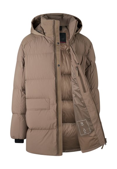 Beige puffer jacket with a hood, featuring a zip closure, chest pocket, and elastic cuffs. Smooth fabric with quilted texture.