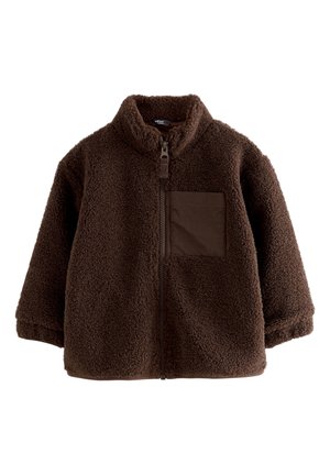 Brown toddler-sized fleece jacket with full front zipper, stand collar, long sleeves, and one square chest pocket on the left side.