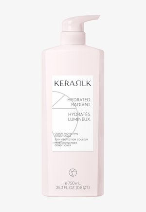 Hellrosa Pumpflasche mit KERASILK farbschützendem Conditioner, 750 ml, beschriftet mit "Hydrated. Radiant." auf Englisch, Französisch und Deutsch.