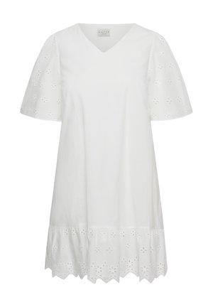 Robe blanche jusqu'au genou avec col en V, manches bouffantes et broderie florale ajourée sur les manches et l'ourlet à bords festonnés.