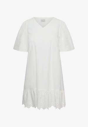 Robe blanche jusqu'au genou avec col en V, manches bouffantes et broderie florale ajourée sur les manches et l'ourlet à bords festonnés.