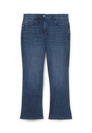 Dunkelblaue Denim-Jeans mit geradem Bein, fünf Taschen, Metallknopfverschluss und dezenten Verwaschungen.