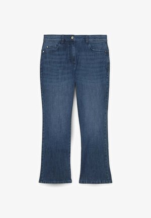 Denim jeans in dark blue with a straight leg cut, featuring five pockets, metal button closure, and subtle fading details.
