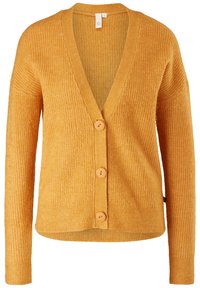 V-neck, mustard-yellow cardigan made of textured knit fabric, featuring long sleeves and four buttons down the front.