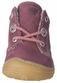 Purple leather children's shoe with pink laces, round toe, rubber sole, and silver eyelets, featuring a fuzzy interior lining.