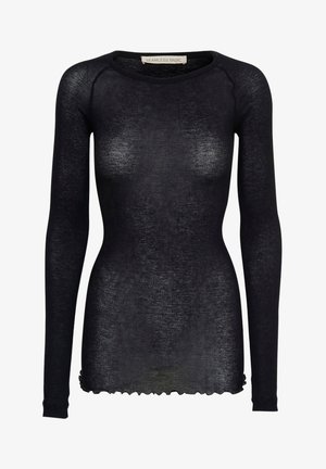 Sort langærmet top lavet af gennemsigtigt stof med en tætsiddende pasform. Har en rund halsudskæring og bølget kantdetalje.