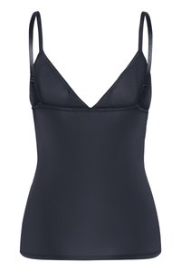 Marineblå camisole med tynde justerbare stropper, V-hals design, glat tekstur og en tætsiddende silhuet. Egnet til lag-på-lag eller afslappet brug.