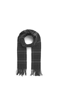 Szary szalik w kratkę, wykonany z miękkiego materiału; posiada frędzlowane krawędzie i prostokątny kształt. Wzór zawiera delikatny, jasny akcent.