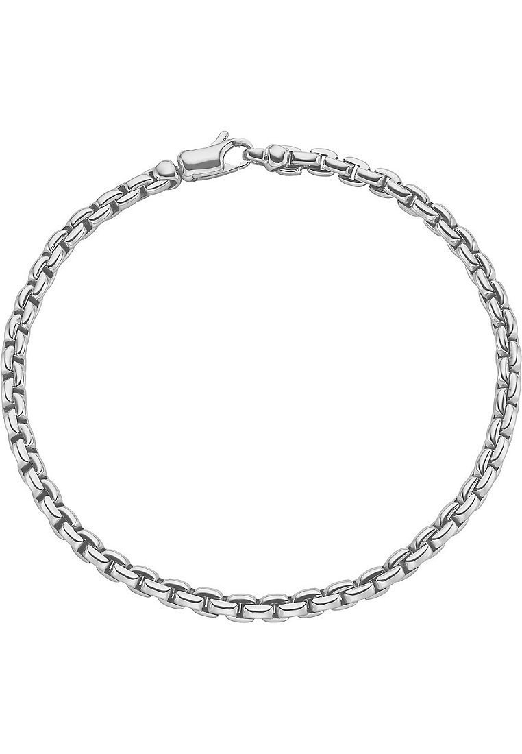 Silver chain bracelet with oval links, featuring a lobster clasp. Polished finish and uniform, interlocking design.