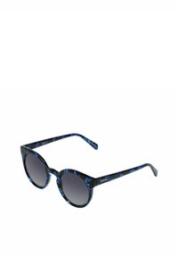 Lunettes de soleil noires avec une finition brillante, présentant un motif floral bleu. Verres ronds avec une transition de l'ombre foncée à une teinte plus claire. Branches accentuées.