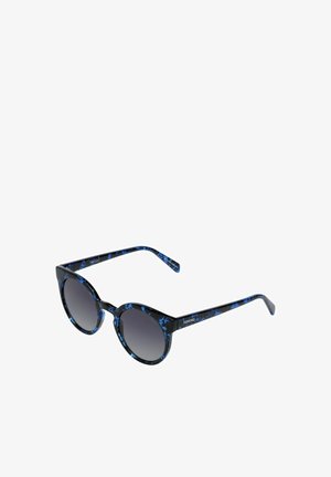 Schwarze Sonnenbrille mit glänzender Oberfläche, verziert mit einem blauen Blumenmuster. Runde Gläser, die von dunkler zu hellerer Tönung übergehen. Betonte Bügel.