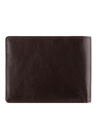 Dark brown leather wallet with a smooth texture, folded rectangular shape, and contrasting stitching along the edges.