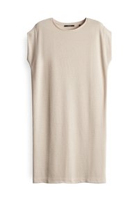 Beiges geripptes Strickkleid mit rundem Ausschnitt und kurzen Ärmeln. Glatte Textur, knielanger Schnitt und lässige Silhouette.