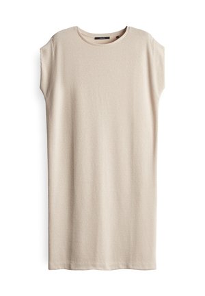 Abito a coste beige con scollo rotondo e maniche corte. Tessuto morbido, design alla ginocchia e silhouette rilassata.