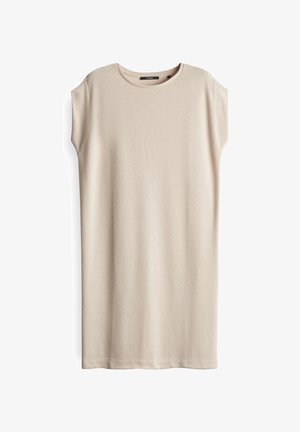 Abito a coste beige con scollo rotondo e maniche corte. Tessuto morbido, design alla ginocchia e silhouette rilassata.