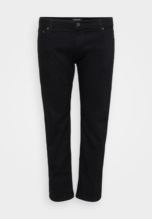 Black denim jeans with a straight cut, featuring a classic five-pocket design, sturdy stitching, and a button-fly closure.