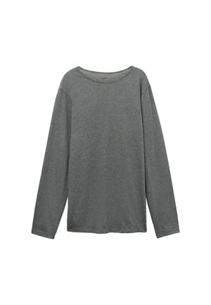 Chemise grise à manches longues avec un col rond, en tissu doux, présentant une coupe décontractée et un ourlet net. Sans motifs ni accents.