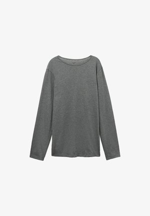 Chemise grise à manches longues avec un col rond, en tissu doux, présentant une coupe décontractée et un ourlet net. Sans motifs ni accents.