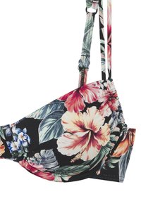 Blomster bikini topp med svart bakgrunn, flerfargede hibiskus- og bladmønstre, justerbare stropper og design uten sømmer.