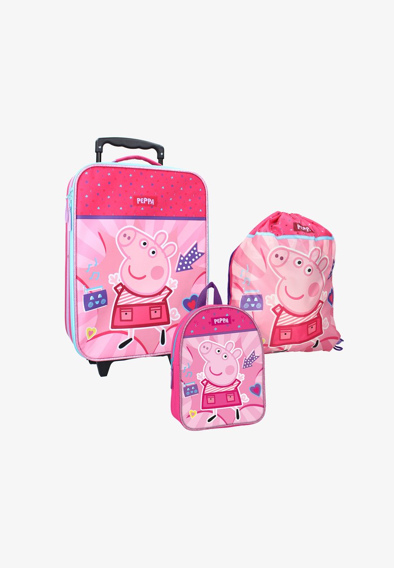 Set de bagaje pentru copii roz cu design Peppa Pig. Include o valiză cu roți, un rucsac și un sac cu șnur, toate cu modele vibrante.