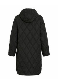 Black quilted long coat with diamond stitching pattern and attached hood, shown from the back.