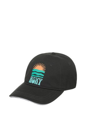 Czarna czapka z daszkiem z pomarańczowym słońcem, turkusowymi falami i napisem "ROXY" na przednim panelu.
