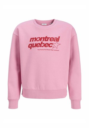 Sweat-shirt rose à manches longues avec texte rouge "montreal quebec" et un graphique d'étoile, plus un texte plus petit indiquant "The Farine Five Roses Sign Landmark."