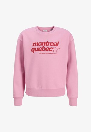 Różowa bluza z długim rękawem z czerwonym tekstem "montreal quebec" i grafiką gwiazdy oraz mniejszym tekstem o treści "The Farine Five Roses Sign Landmark."