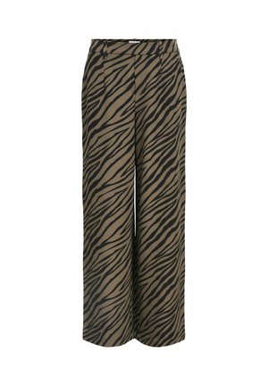 Hochtaillierte, weit geschnittene Hosen mit braunen und schwarzen Zebra-Streifen sowie Gürtelschlaufen, auf einem weißen Hintergrund präsentiert.