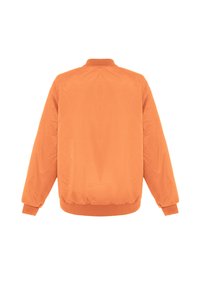 Oranje bomberjack van glad, lichtgewicht materiaal, met ribbelkraag en -manchetten, en elastische tailleband, in een effen kleur ontwerp.