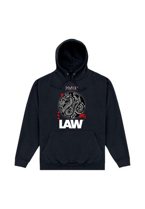 Sort hættetrøje med dragegrafik, røde accenter, tekst "DOWN B!" over og stor hvid "LAW" tekst under dragedesignet på fronten.