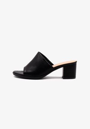 Sandalo slide in pelle nera con punta aperta, tacco basso a blocco e texture liscia, caratterizzato da un design semplice e privo di decorazioni.