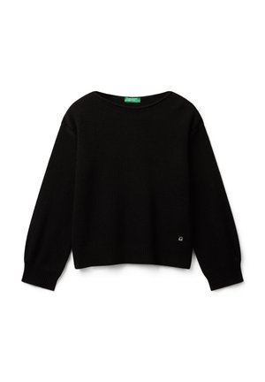 Czarny, długi rękaw, dzianinowy sweter z okrągłym dekoltem, z prążkowanymi mankietami i dołem, małe logo przy dolnym brzegu, rozłożony na płasko na białym tle.