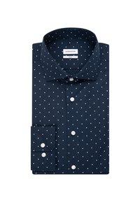 Donkerblauw overhemd met witte polka dots, voorzien van een klassieke kraag, knoopsluiting aan de voorkant en manchetten met één knoop. Gemaakt van gladde stof.