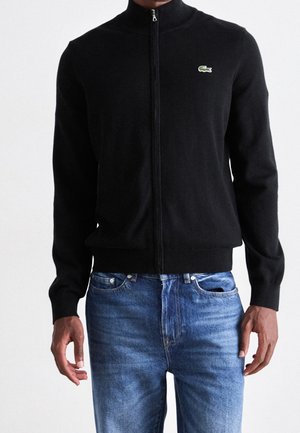 Sort trøje med lynlås og lille grønt krokodillelogo på brystet, båret sammen med blå denimjeans af en stående person.