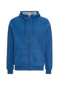 Blauwe rits hoodie gemaakt van zacht materiaal, met een gevoerde capuchon, twee voorzakken en ribgebreide manchetten en zoom. Subtiel logo op de borst.
