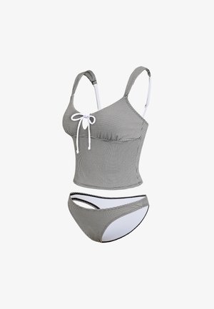 Zwart-wit geruit tweedelig badpak met verstelbare bandjes en een strikdetail op het tanktop-achtige bovenstuk.