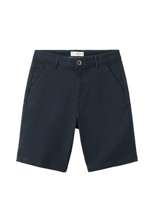 Neformálne krátke nohavice námorníckej modrej farby s predným gombíkom a zipsom, pútkami na opasok a šikmými bočnými vreckami.