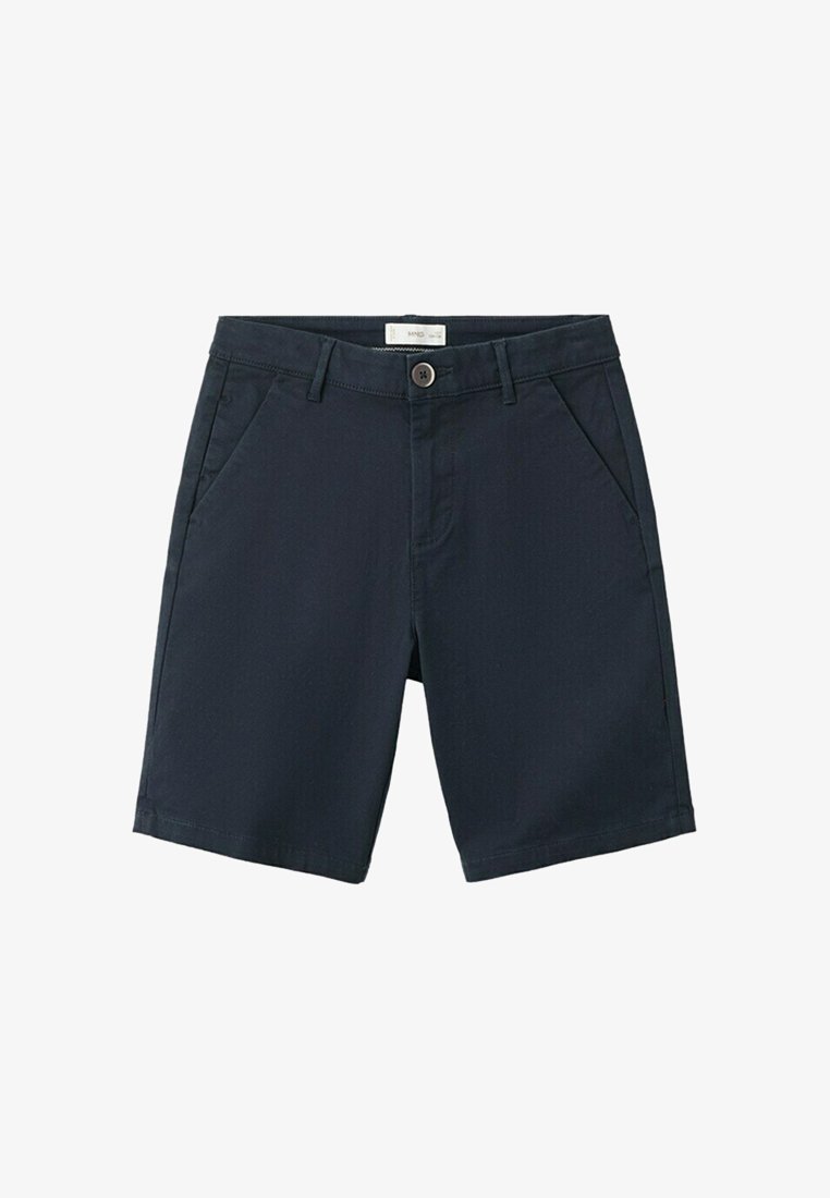 Shorts décontractés bleu marine avec bouton et fermeture éclair à l'avant, passants pour ceinture et poches latérales inclinées.