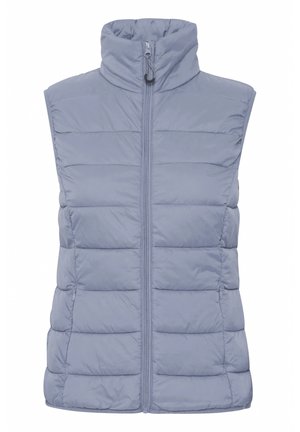 Veste en duvet bleu clair avec un col montant, fermeture éclair à l'avant et motif matelassé horizontal. Fabriquée en matériau synthétique lisse et brillant.