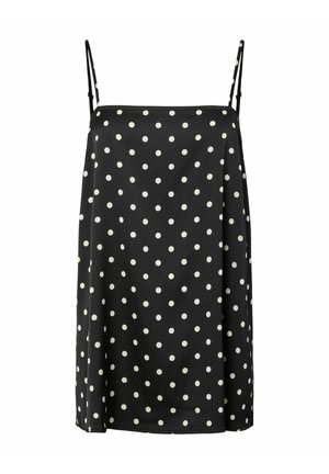 Vestido negro sin mangas con lunares blancos, con tirantes delgados y ajustables y una textura suave y lisa. Silueta A-line sencilla.