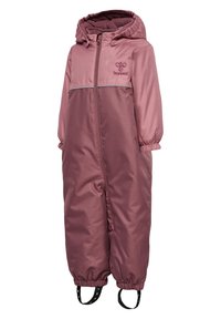 Paarse geïsoleerde jumpsuit met een rits, capuchon, elastische manchetten en voetbanden. Bevat grijze accenten en een klein logo op de borst.