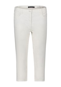 Pantalon blanc court en coton doux. Doté d'une fermeture à bouton, de cinq poches et d'un design ajusté. Texture lisse sans motifs.