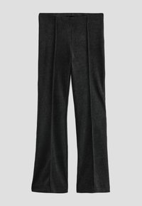 Schwarze Cordhosen mit einem ausgestellten Design, ausgestattet mit vorderen Falten und einer weichen Textur. Der Bund ist schlicht und unverziert.