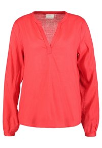 Blusa corallo a maniche lunghe con scollatura a V e polsini arricciati, realizzata in tessuto leggero.