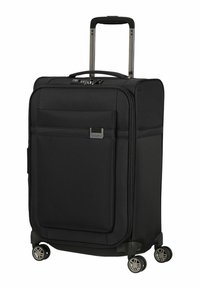 Valise à roues noires avec un extérieur en tissu texturé, compartiment principal zippé, poche frontale et poignée rétractable. Quatre roulettes pivotantes pour la stabilité.