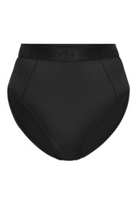 Högmidjade svarta trosor i slätt material. Funktioner inkluderar en mjuk, elastisk midjeband med präglad logotyp och en klassisk bikinitrosa.