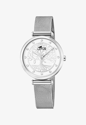 Srebrny zegarek siatkowy z motywem drzewa na białej tarczy, 12 kamiennymi znacznikami i logo na górze. Okrągła koperta o gładkim wykończeniu.