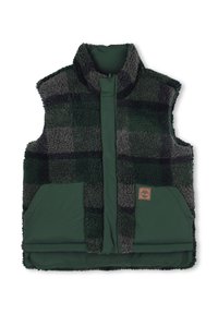 Grön och grå rutig fleeceväst med hög krage, dragkedjestängning, två framfickor och ett logotyp-patch på fickan.